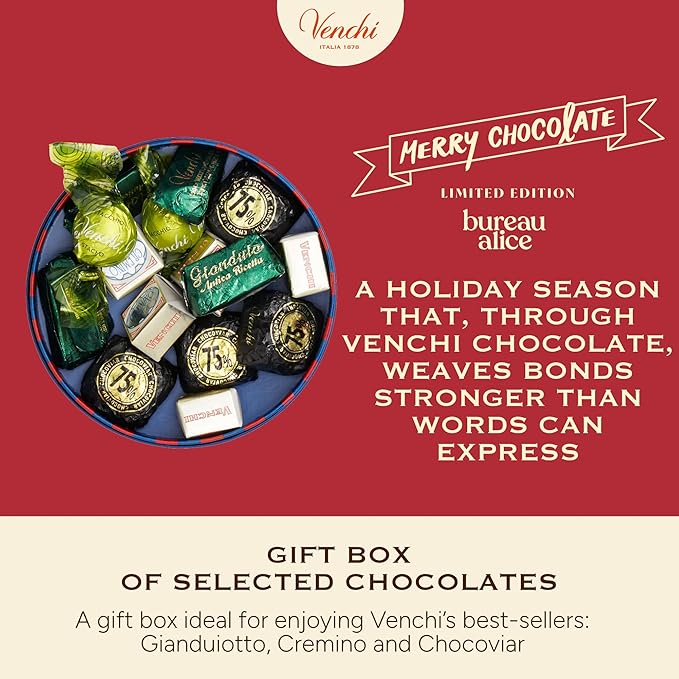 Venchi - Christmas Gift Box with Assorted Chocolates, Gianduiotto, Chocoviar 75% Extra Dark, Cremino, Limited Edition, Gluten-Free, No Colourings or Preservatives, Gift Idea