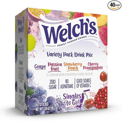 Welch's Singles To Go Variety Pack, Watertok Powdered Drink Mix, Includes 4 Flavors, Grape, Passion fruit, Strawberry Peach, Cherry Pomegranate, 1 Box (40 Servings)