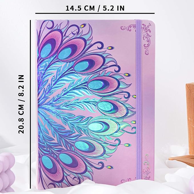 TIEFOSSI A5 Journal Notebook-College Lined Ruled Hardcover Journals for Writing Women-100gsm Thick Paper 224 Numbered Pages-Peacock Feather Embossed Journal-Daily Journal for Writing