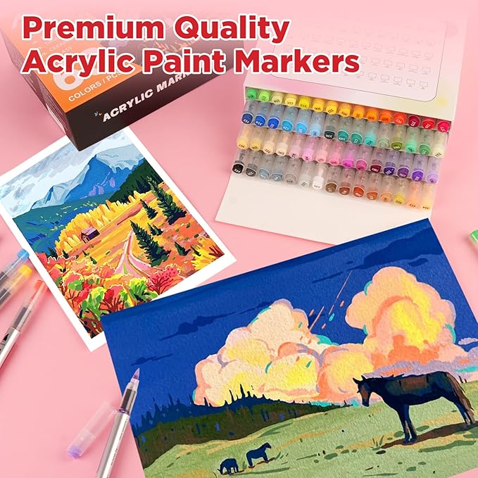 60 Colors Acrylic Paint Markers,Soft Brush Tip Paint Pens with Automatic Ink Control System,Quick Dry Waterproof Acrylic Paint Pens for Pumpkin,Wood,Metal,Fabric,Rock Painting with DIY Crafts