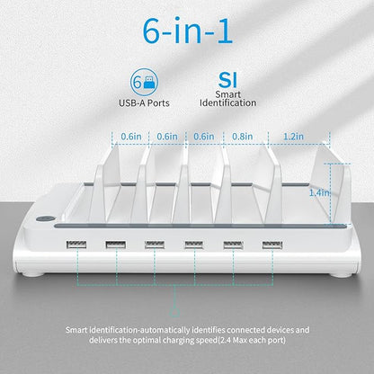Charging Station for Multiple Devices, Bototek 60W 6 Ports Multi Charger Station for iPhone, iPad, Cell Phone, Tablets, and Other Electronics (6 Ports-Whtie)