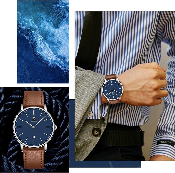 L LAVAREDO Watch for Men, Extremely Thin Mens Watches Minimalist Analog Men's Leather Wrist Watches with Time/Date, Birthday Gift for Men Boyfriend