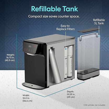 Brio Sparkling 600 Countertop Water Cooler 2 Stage Filter System & UV Water Sterilizer | Reduces PFAS & Microplastics | Instant Hot, Cold, Room Temperature and Sparkling Water Tank + Direct Water Line