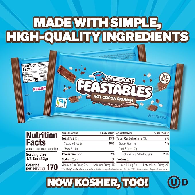 Feastables MrBeast Hot Cocoa Crunch Bar, Extra Large Size Candy Bar for Adults & Kids, Candy Bars for Snacks, Gifts, or Dessert, Made With Fairtrade Cocoa, 3.35 Oz Each, 12 Count