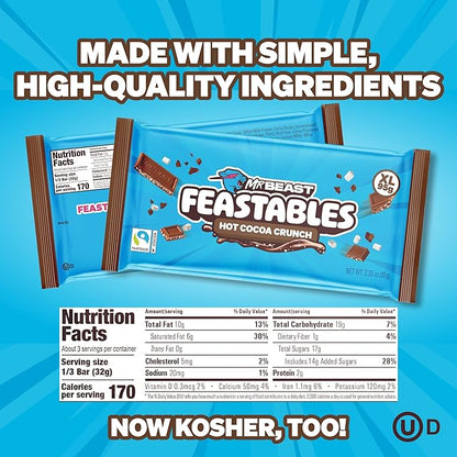 Feastables MrBeast Hot Cocoa Crunch Bar, Extra Large Size Candy Bar for Adults & Kids, Candy Bars for Snacks, Gifts, or Dessert, Made With Fairtrade Cocoa, 3.35 Oz Each, 12 Count