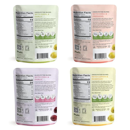 Poshi Natural Whole Pitted Olives | 24 Pack Variety | Basil & Garlic, Chili & Oregano, Chili + Garlic, Lemon & Rosemary | Vegan, Kosher, Gluten Free + Keto Friendly Healthy Snacks, 1.1 Oz (Pack of 24)