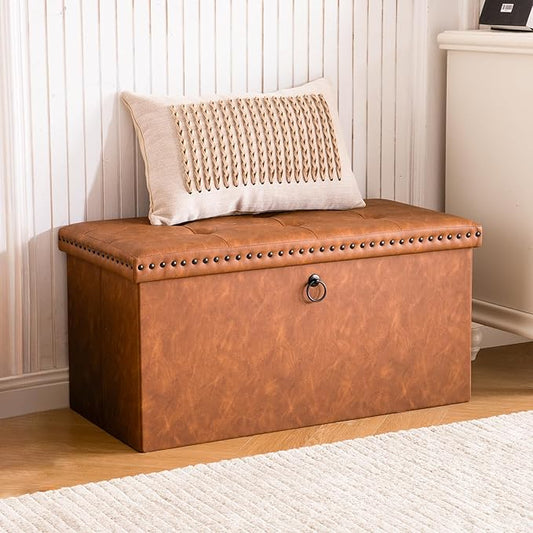 30 Inches Folding Storage Ottoman Bench, Ottoman PU Leather Tuffed End of Bed Bench, Foot Rest with Rivet Design, Ottoman with Storage, Load 330 lb, for Living Room, Bedroom, Entryway, Brown