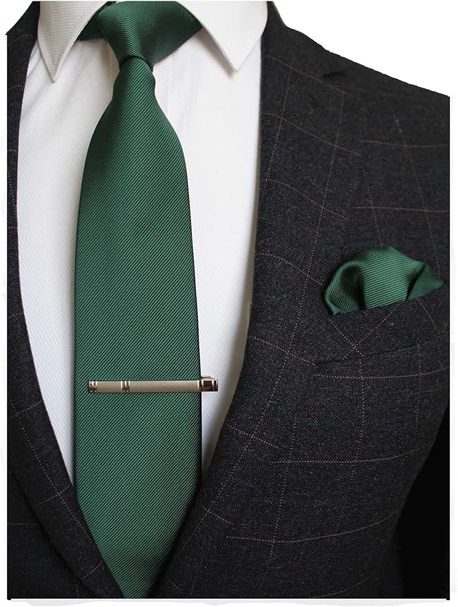 JEMYGINS Solid Color Formal Necktie and Pocket Square Tie Clip Sets for Men