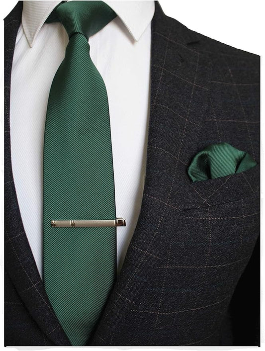 JEMYGINS Solid Color Formal Necktie and Pocket Square Tie Clip Sets for Men