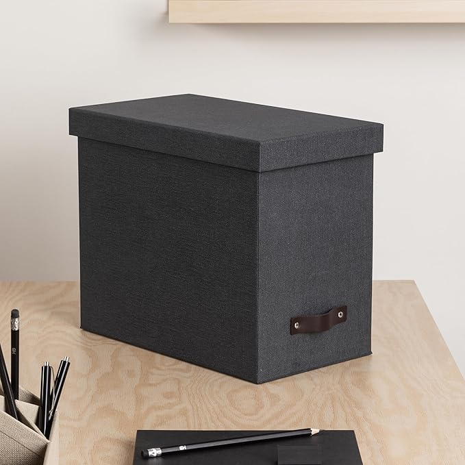 Bigso John Desktop File Box - Storage Solution and Document Organizer for Important Paperwork - Durable Hanging File Box with Lid and Leather Handle - 7.4 in x 13 in x 10.4 in - Black