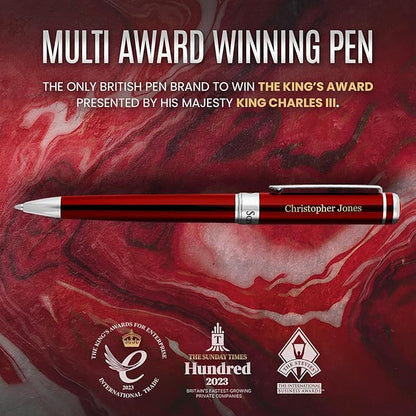 Scriveiner Personalized Deep Crimson Red Pen - Stunning Red Lacquer Luxury Pen with Chrome Finish, Schmidt Ink Refill, Best Engraved Ball Point Gift Set for Men & Women, Custom Name Engraving