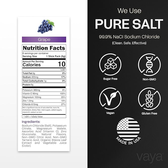 Vaya - Sugar Free Electrolyte Powder Packets – Give Your Body Instant Hydration - with Fasting Electrolytes (30 Pack, Grape)