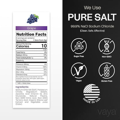 Vaya - Sugar Free Electrolyte Powder Packets – Give Your Body Instant Hydration - with Fasting Electrolytes (30 Pack, Grape)