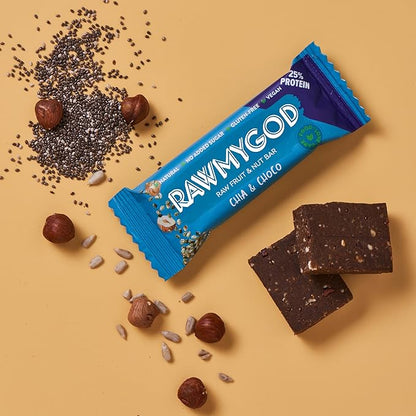 RAWMYGOD Fruit and Nut Bars, Good Source of Protein (10g, 25% protein content), Gluten Free, Vegan, No Added Sugar (16 bars, Chia & Choco)