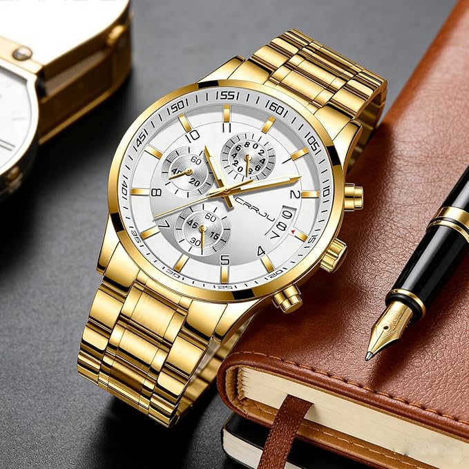 CRRJU Men's Fashion Stainless Steel Watches Date Waterproof Chronograph Wristwatches,Black Steel Band Waterproof Quartz Watch for Men