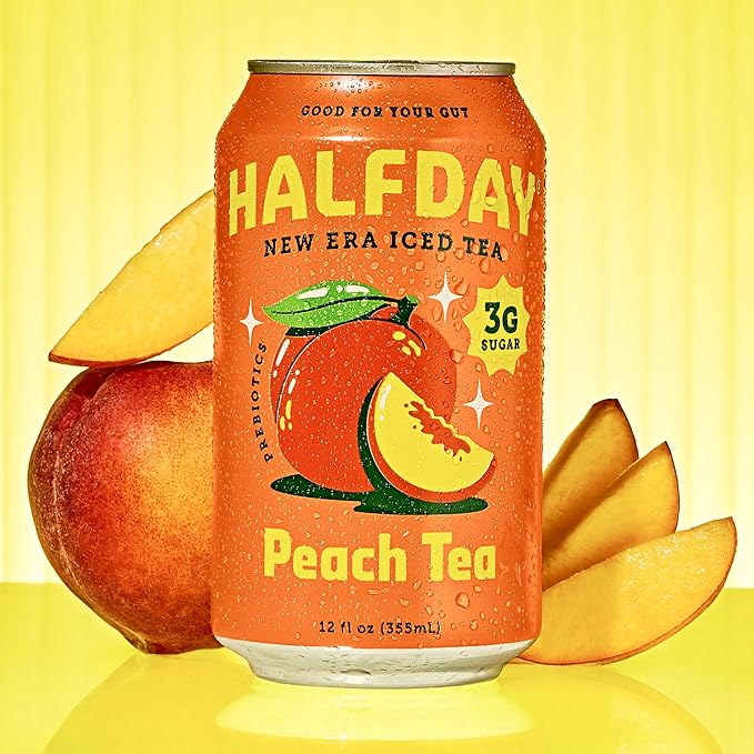 Halfday, Prebiotic Peach Iced Tea, 12 Fl Oz Can