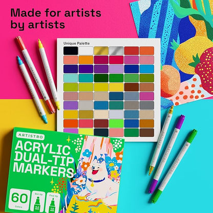 ARTISTRO 60 Acrylic Paint Markers for Rock, Fabric, Wood, Glass, Decoration - Dual-Tip Paint Pens for Coloring Books for Adults, Teens, Kids - Art and Craft Supplies Kit - Gift Idea