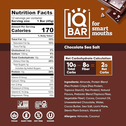 IQBAR Brain and Body Plant Protein Bars - Chocolate Sea Salt - 24-Count - Keto, Vegan, Low Carb, High Fiber, Gluten Free, Dairy Free, Low Sugar Snack with Nutrients for Focus, Energy, Meal Replacement