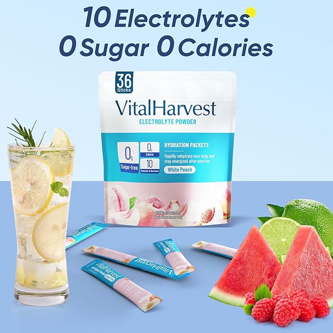 VitalHarvest 36 Sticks Electrolytes Powder Packets Sugar Free Hydration Packets Electrolyte Liquid Daily IV Drink Mix with White Peach, Low Sodium, 0 Calorie