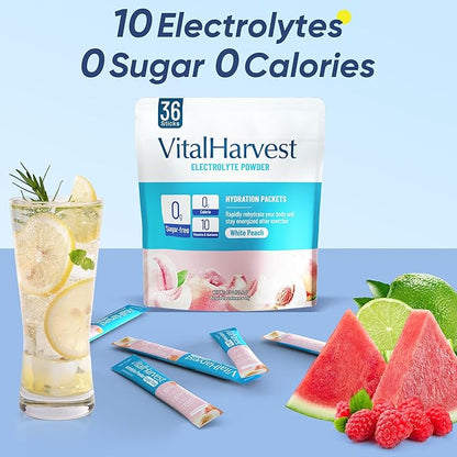 VitalHarvest 36 Sticks Electrolytes Powder Packets Sugar Free Hydration Packets Electrolyte Liquid Daily IV Drink Mix with White Peach, Low Sodium, 0 Calorie