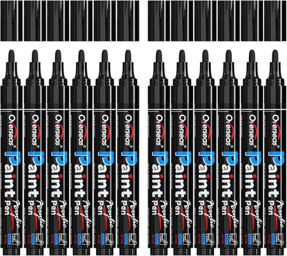 Overseas Black Paint Pens Paint Markers - Permanent Acrylic Markers 12 Pack, Water-Based, Quick Dry, Waterproof Marker Pen for Rock, Wood, Plastic, Metal, Canvas, Glass, Fabric, Mugs. Medium Tip