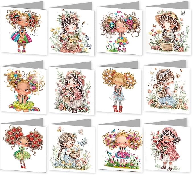 jinglinhh 12pcs Diamond Art Painting Little Girl Flower Bushes Greeting Cards with Envelopes, DIY Card Making Kits for Adults, Diamond Art Christmas Cards for Birthday Holiday Postcards Craft Gifts
