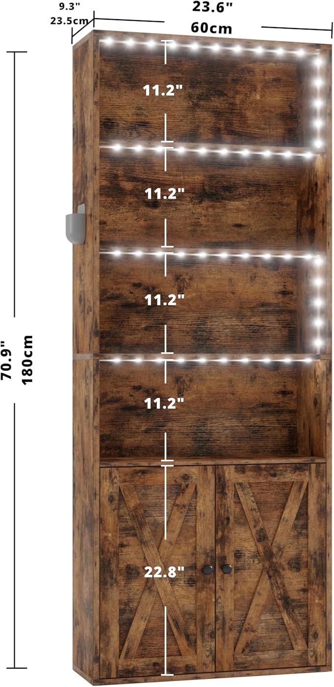 IRONCK Tall Bookcase with LED Lights, 70 in Industrial Bookshelves and Bookcases with Doors, 6 Shelf Display Storage Shelves Floor Standing for Home Office, Living Room, Bedroom