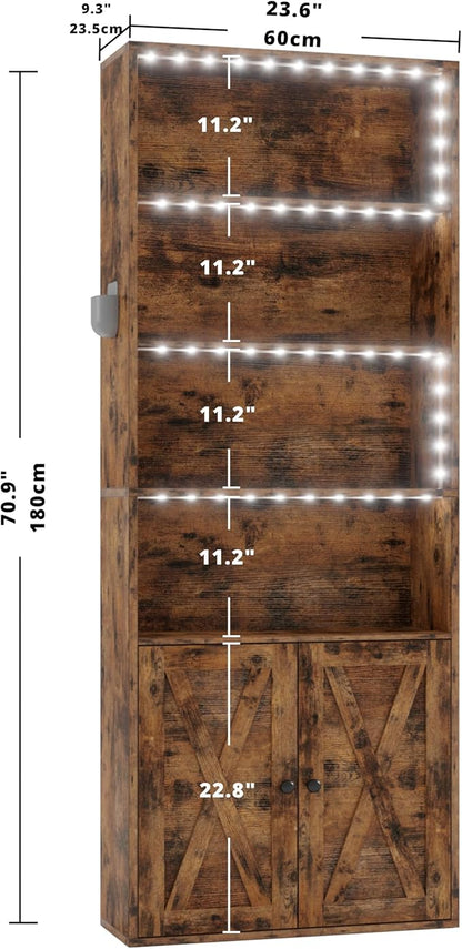 IRONCK Tall Bookcase with LED Lights, 70 in Industrial Bookshelves and Bookcases with Doors, 6 Shelf Display Storage Shelves Floor Standing for Home Office, Living Room, Bedroom