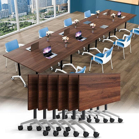 Conference Table, Foldable Conference Room Tables with Silent Wheels, Folding Modular Seminar Meeting Tables, Modern Rectangle Training Table for Office, Boardroom (6, Walnut2, 61.0)