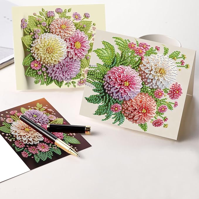 6pcs creative gift of diamond art painting birthday cards - flowers chrysanthemum, greeting card with envelope, handmade DIY painting birthday card art craft card kit postcards for family and friends