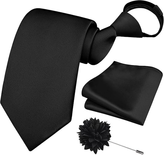 Branduce 3.15"（8cm） Pre-tied Adjustable Zipper Tie and Lapel Pin Solid Necktie Handkerchief Set for Men