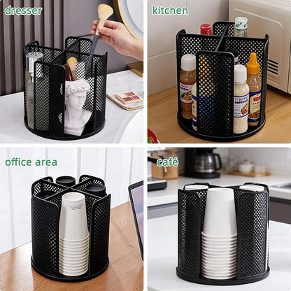 360° Rotating Coffee Cup Dispenser and Lid Holder with 4 Compartments, Organizes 3-16oz Paper Cups - For Coffee Shops, Home Countertops, Office, Restaurant & Kitchen Use