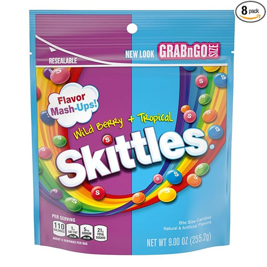 SKITTLES Wild Berry & Tropical Mash Up Chewy Candy Bulk, 9 Oz Resealable Bags, 8 Count Bags, Bulk Box