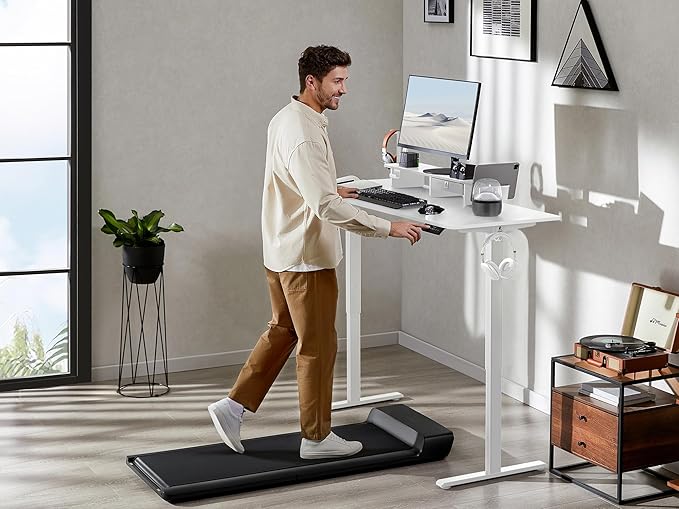 55x24 Inches Electric Standing Desk with Drawer and Monitor Stand, Height Adjustable Stand up Desk for Home Office, Ergonomic Sit to Stand Table with Phone Holder, 3 Hooks, White