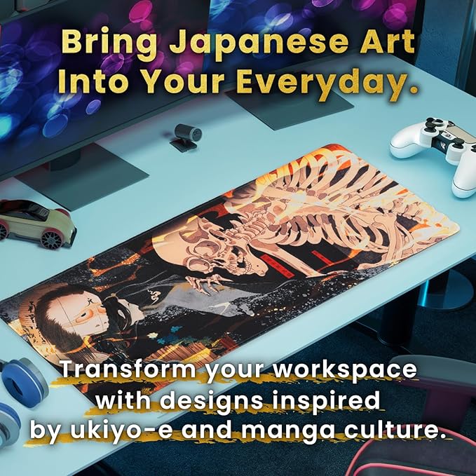 BELLEMOND Japanese Art Desk Mat | Large 31.5x11.8in Desk Pad | Mouse Pad for Keyboard & Mouse | Non-Slip Base, Water-Repellent, Smooth Precision | Yokai Rising