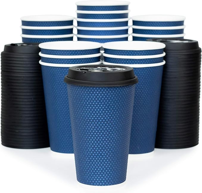 To Go Coffee Cups With Lids - 16 oz Disposable Coffee Cup With Lid (60 Set). Large Togo Travel Paper Hot Cups Insulated For Hot, Cold Beverage Drinks, No Sleeves Needed (Midnight Blue)