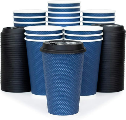 To Go Coffee Cups With Lids - 16 oz Disposable Coffee Cup With Lid (60 Set). Large Togo Travel Paper Hot Cups Insulated For Hot, Cold Beverage Drinks, No Sleeves Needed (Midnight Blue)