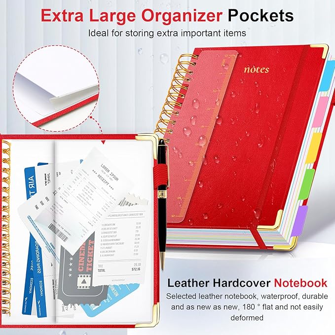 Hardcover Spiral Notebook 8.5"x11" Journal Notebook with Tabs and Removable Dividers 300 Pages 5 Subject Notebook College Ruled, Faux Leather Spiral Bound Notebook for Women School Work(Red)