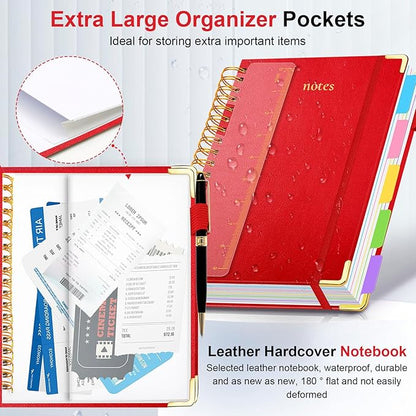 Hardcover Spiral Notebook 8.5"x11" Journal Notebook with Tabs and Removable Dividers 300 Pages 5 Subject Notebook College Ruled, Faux Leather Spiral Bound Notebook for Women School Work(Red)