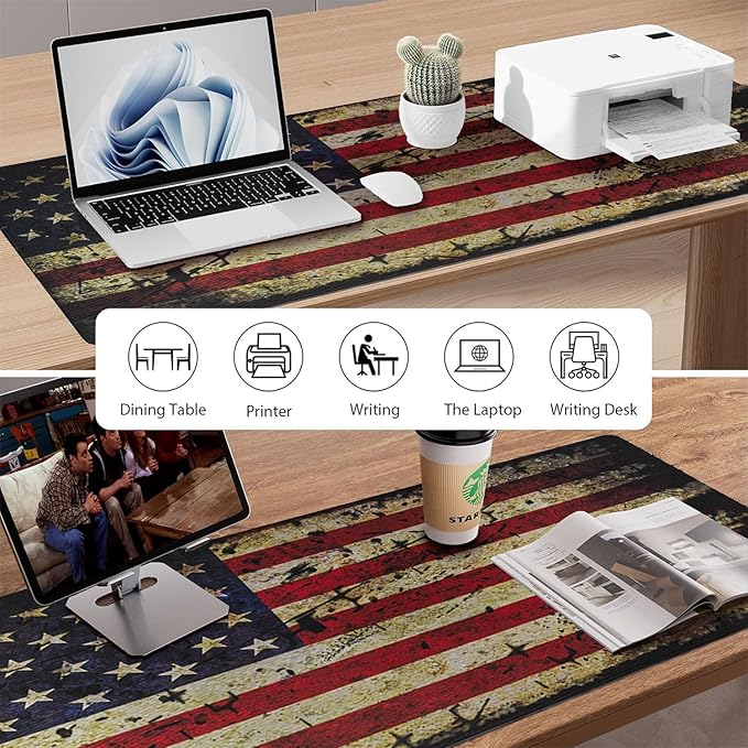 American Antique Flag Patterns Desk Mat, Large Gaming Mouse Pad Non-Slip Rubber Base with Stitched Edges, Waterproof Protection for PC Laptop Home Office Desk Decor (35.4x15.7in)
