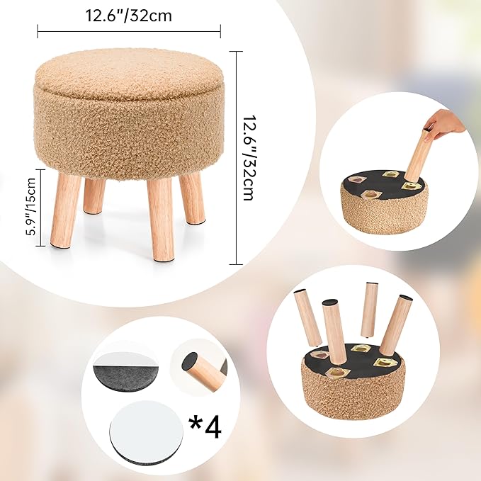 Poofzy Small Ottoman with Storage, Small Foot Stool Ottoman with Wood Legs, Sherpa Foot Rest for Couch, Living Room and Bedroom - Champagne