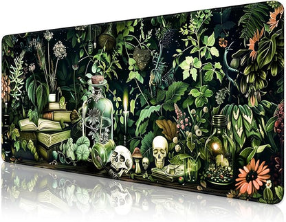 Gaming Mouse Pad for Computer,Large Mouse Pads for Desk Keyboard,Skull Desk Mat Laptop,Dark Green Plant Pattern Art XXL Waterproof Keyboard Pad,Extended Big Non-Slip Rubber Mousepad