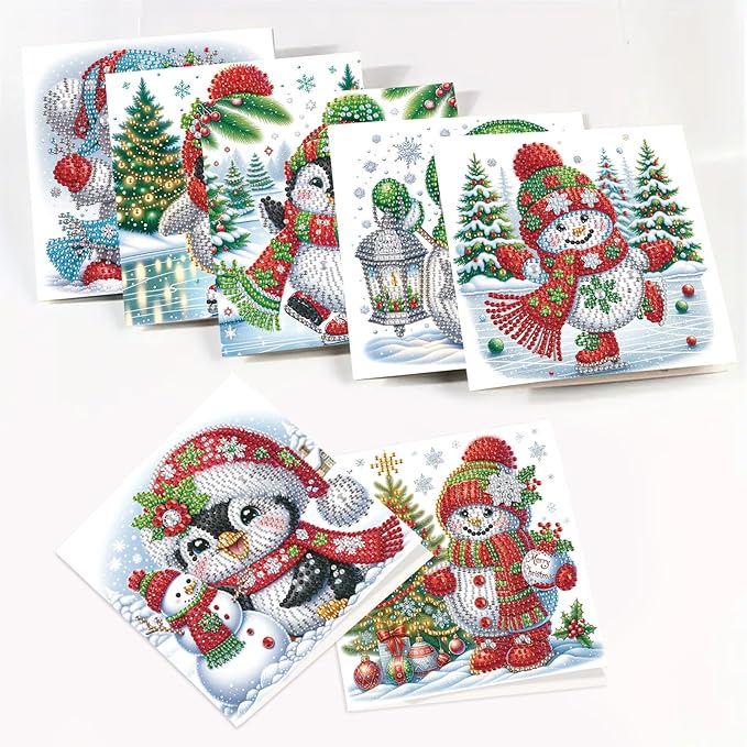 8pcs Christmas Diamond Painting Greeting Cards Christmas snowman & penguin, for Blessings and Wishes, Special Shape Crystal Partial Mosaic Making Craft, Paper Material, DIY Gifts for Holiday