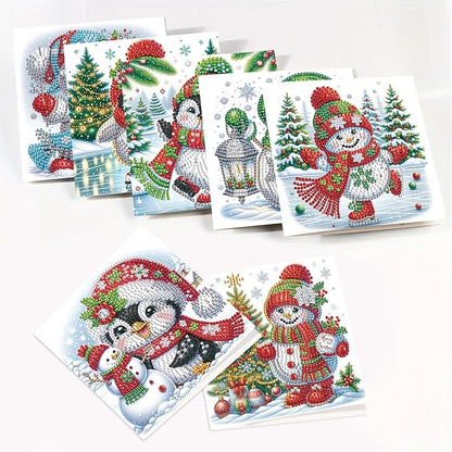 8pcs Christmas Diamond Painting Greeting Cards Christmas snowman & penguin, for Blessings and Wishes, Special Shape Crystal Partial Mosaic Making Craft, Paper Material, DIY Gifts for Holiday