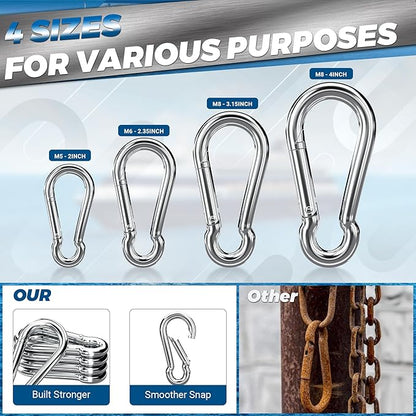 sprookber 316 Stainless Steel Carabiner Clip, Marine Grade Heavy Duty Spring Snap Hook for Outdoor, Boat, Hammock, Set of 5