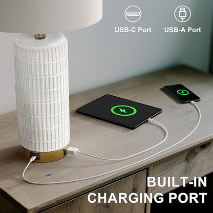 PoKat Touch Bedside Table Lamps with USB Ports for Bedroom, 25'' Dimmable Nightstand Touch Lamps for Living Room, Modern Ceramic Lamps for Night Stands Bedroom, Office, Nursery, White and Beige