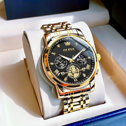 OLEVS Men Watches Stainless Steel Chronograph Watch, Large Wrist Analog Quartz Watch, Fashion Waterproof Diamond Roman Numerals Dress Watches for Men, Gold/Black/White/Blue/Grey Dial