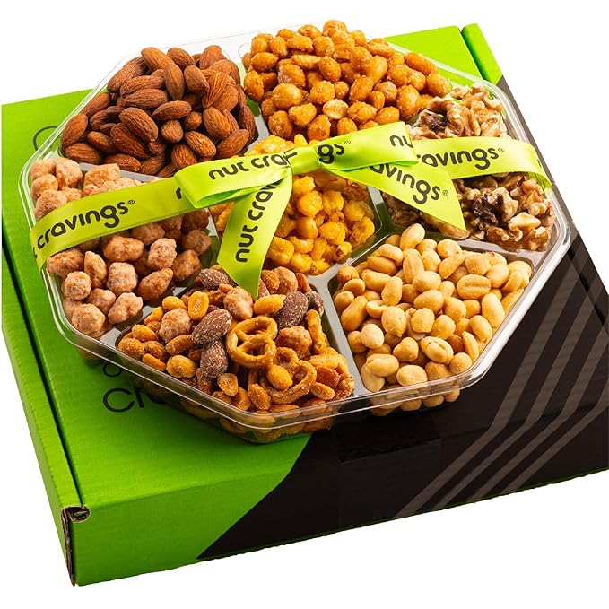 NUT CRAVINGS - Thanksgiving Mixed Nuts Gift Basket + Green Ribbon Classic (7 Assortments, 1 LB) Holiday Xmas Christmas Food Arrangement, Healthy Snack Care Package, Food Assortments