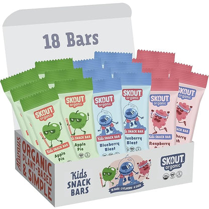 Skout Organic Real Food Bars for Kids Fruit Variety Pack (18 Pack) | Organic Snacks for Kids | Plant-Based Nutrition, No Refined Sugar | Vegan | Gluten, Dairy, Grain & Soy Free