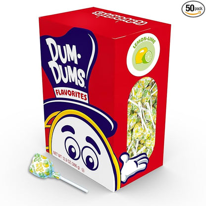 Dum Dums Lemon Lime Lollipops - Bulk Candy Box with Lollipops Individually Wrapped, Single Flavor Gourmet Suckers - 50 Count
